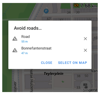 Avoid road on the map list Android