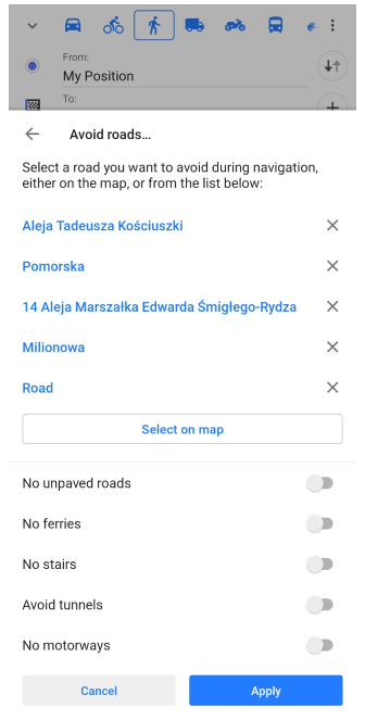 Avoid road menu Android