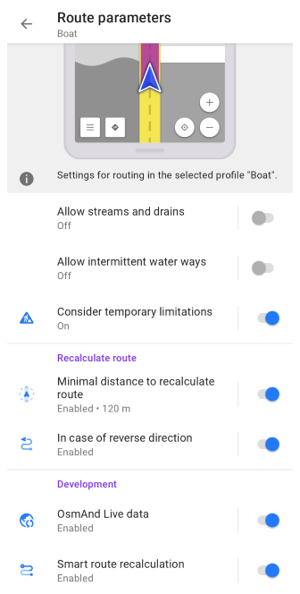 Boat routing settings Android