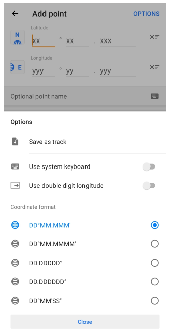 Coordinate input Options menu Android
