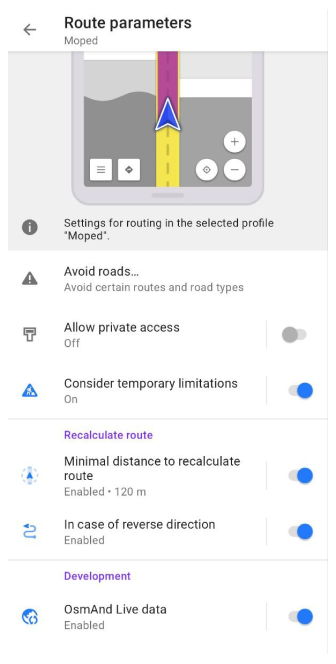Moped routing settings Android