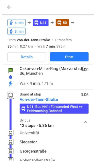 Navigation public transport stops list Android