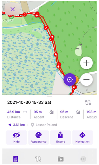 شاشة إحصائيات المسار iOS