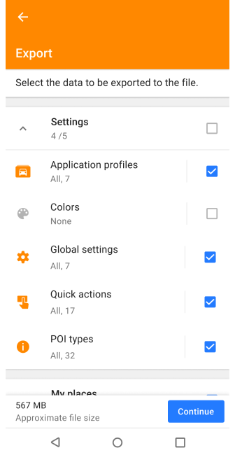 Profiles Actions Export Android