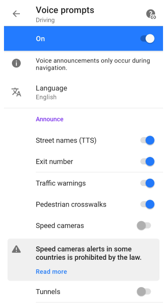 Voice Navigation settings Android