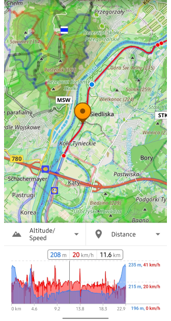 Track-Menü auf Karte analysieren Entfernung Android