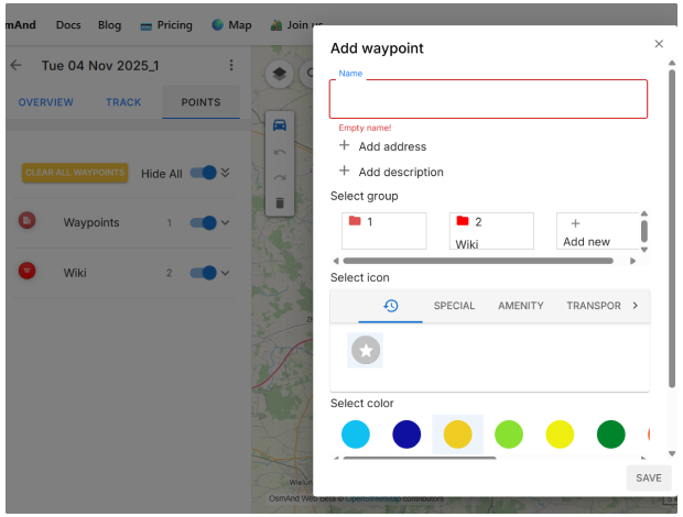 OsmAnd Web Wegpunkte-Panel