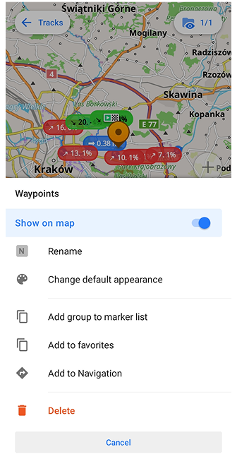 Track-Menü Gruppenmenü Android