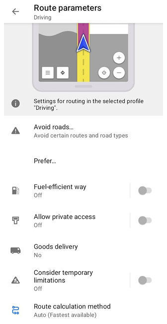 Ajustes de ruta de coche Android