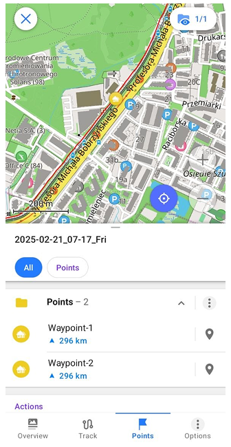 Menú contextual del track Puntos en Android
