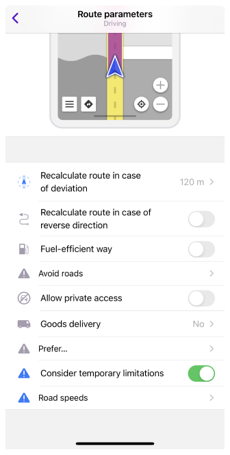 Paramètres de guidage routier en voiture iOS 1
