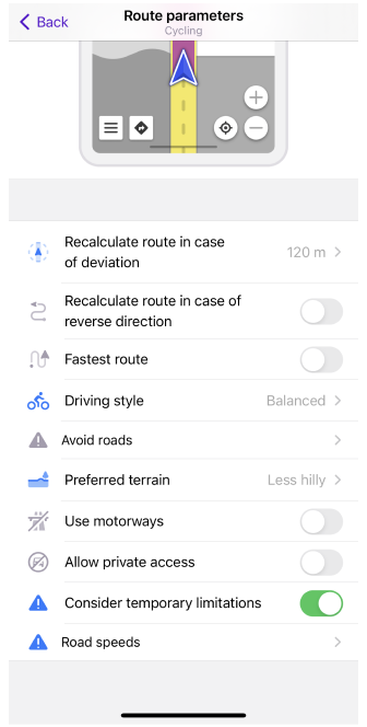 Paramètres d&#39;itinéraire à vélo iOS