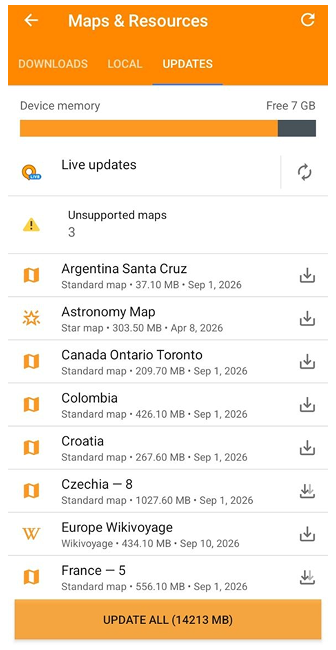 Menu Cartes Mettre à jour les cartes Android