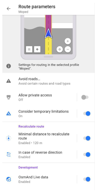 Paramètres d&#39;itinéraire en cyclomoteur Android