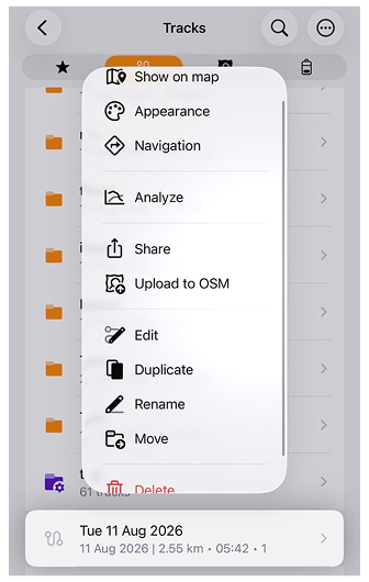 Menu contextuel d'une trace sur iOS