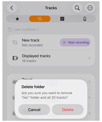Menu contextuel d'une trace sur iOS