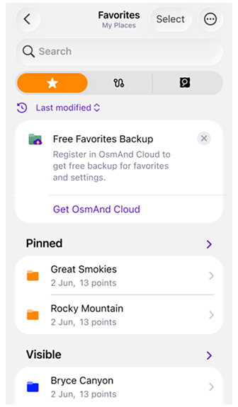 Favorieten menu iOS
