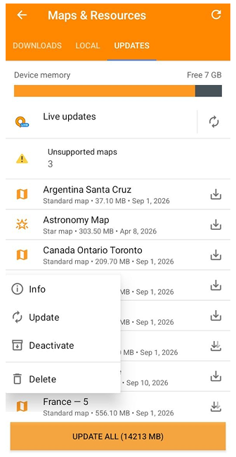 Kaartenmenu Update-tabblad Android
