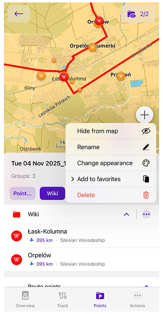 Menu grupy menu śladu iOS