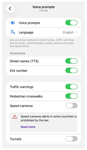 Ustawienia nawigacji głosowej iOS