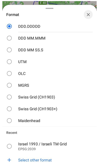 Menu da grelha de coordenadas